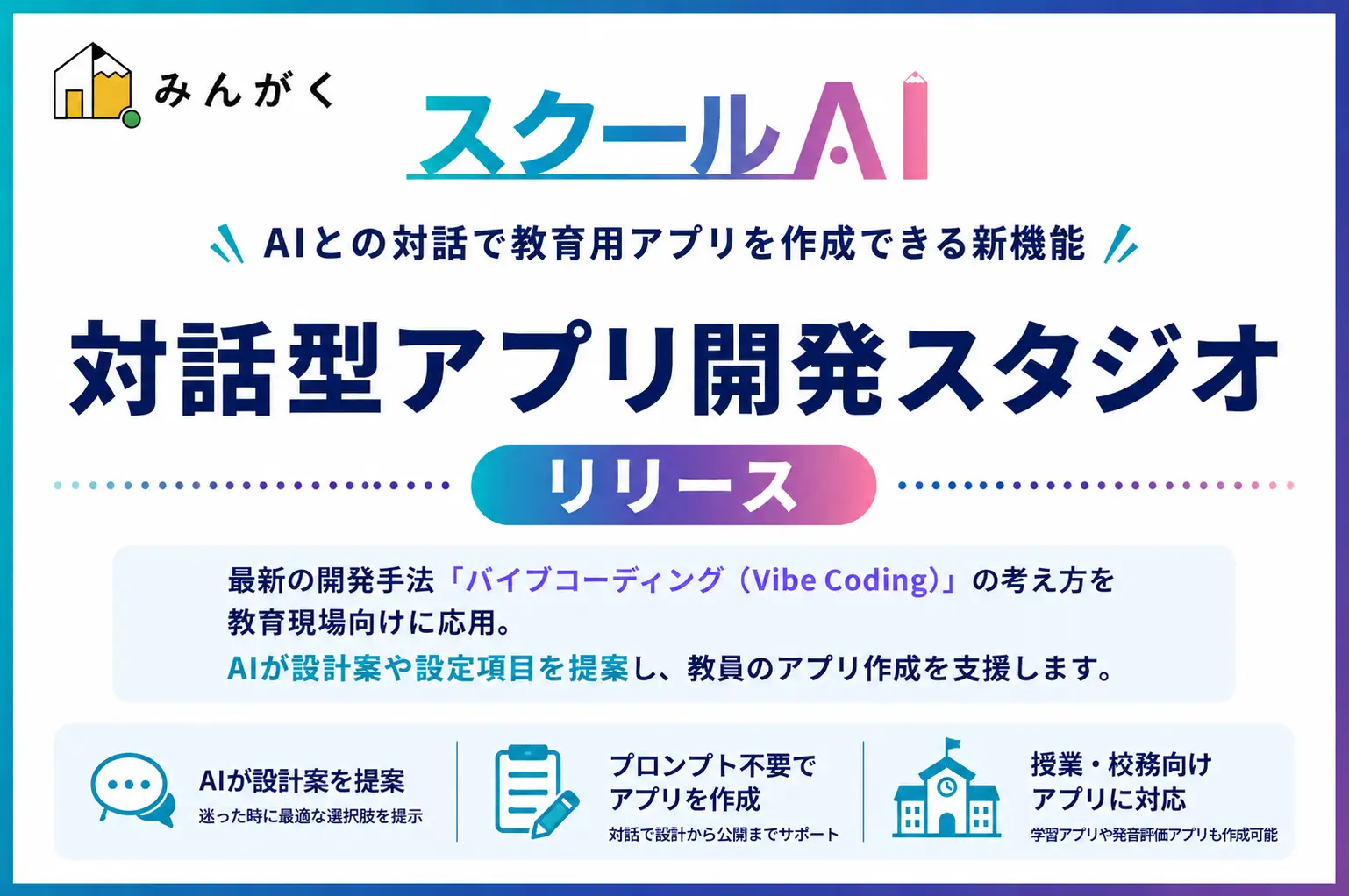 教育現場向けAIに新機能追加！対話だけで教育用アプリを作れる「対話型アプリ開発スタジオ」公開～みんがく社のスクールAIにて - 画像1